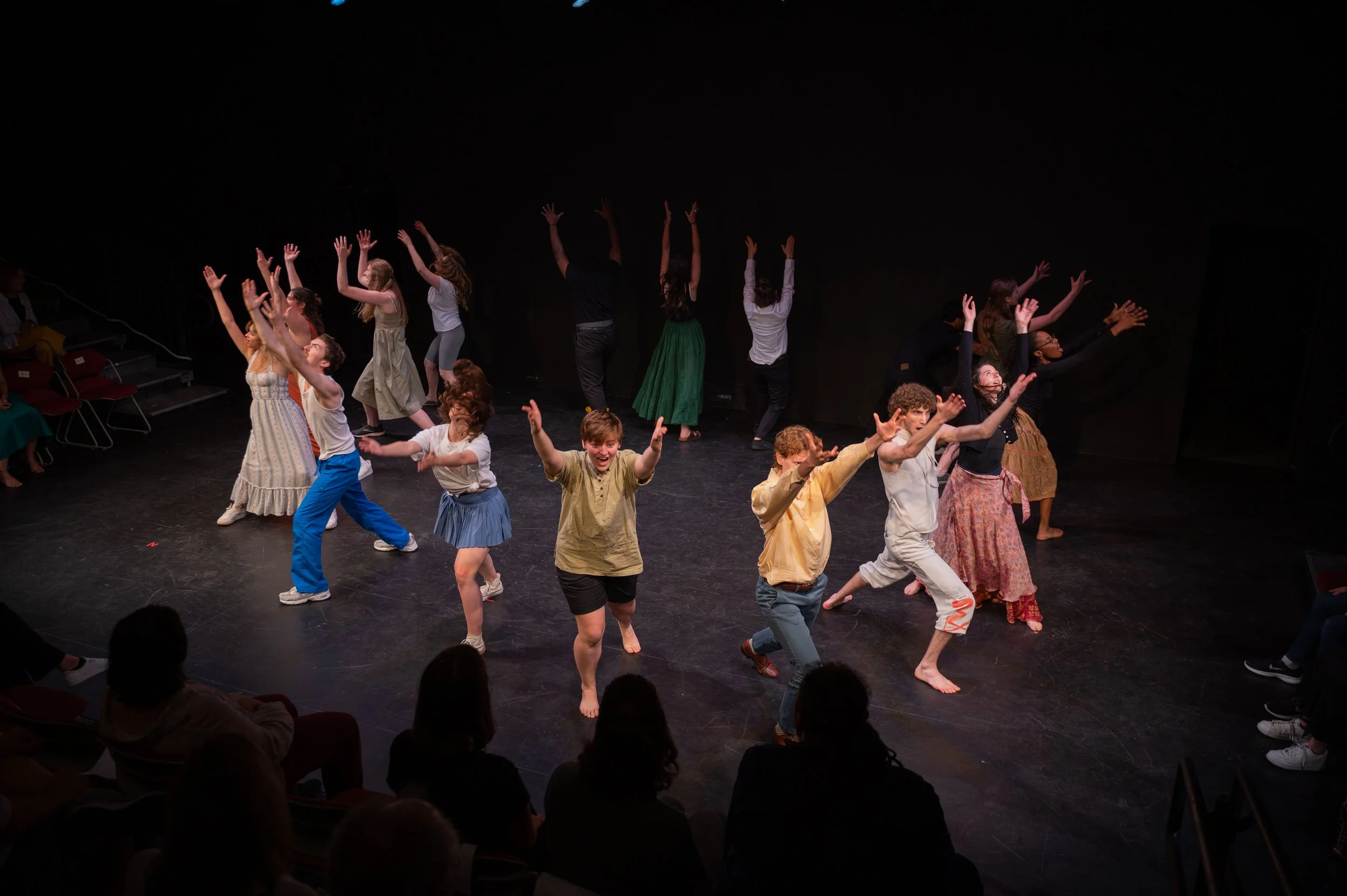 Group of diverse performers dancing and performing on stage with an audience watching in a theater.