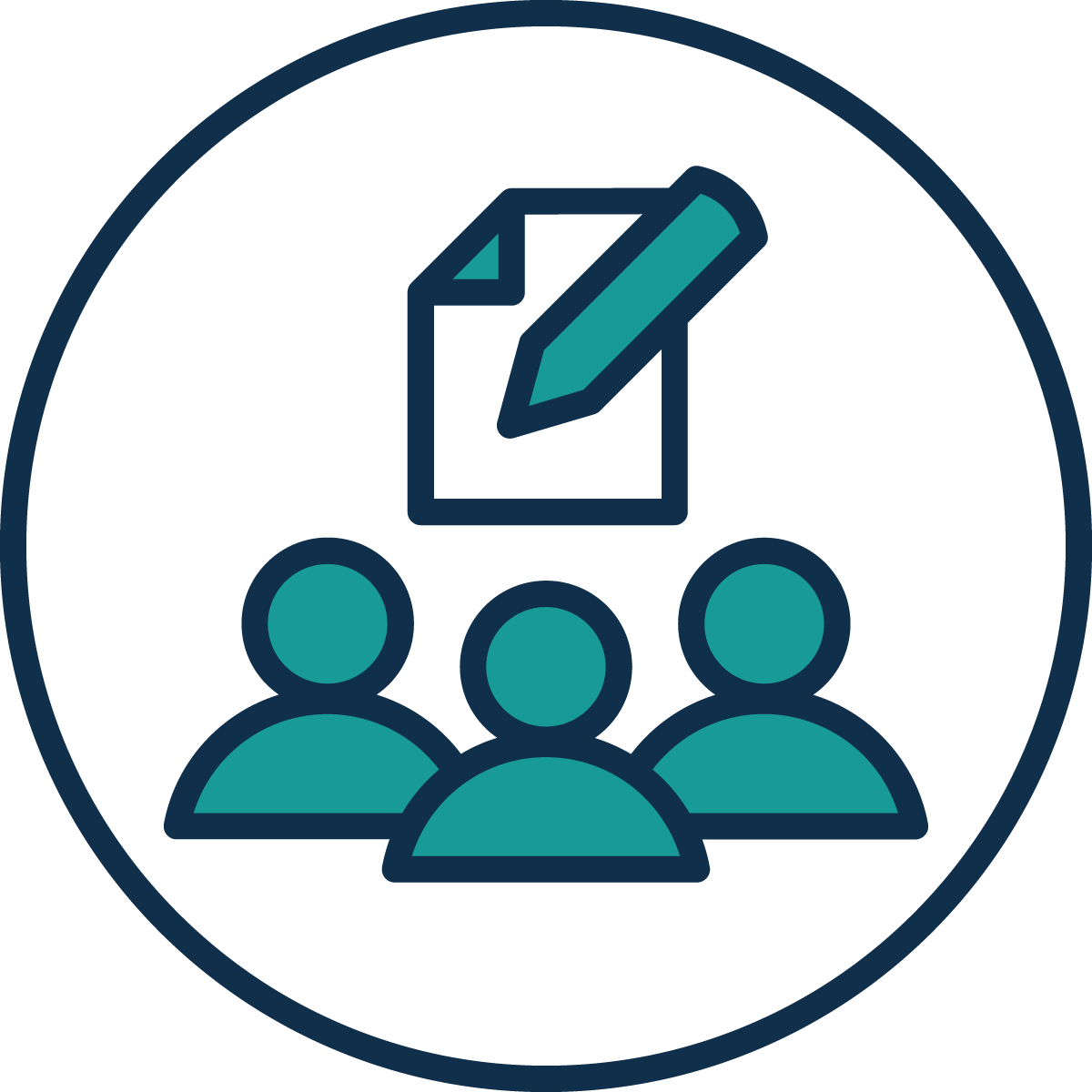Icon of three people with a document and pencil above them, indicating a team meeting or collaborative planning.