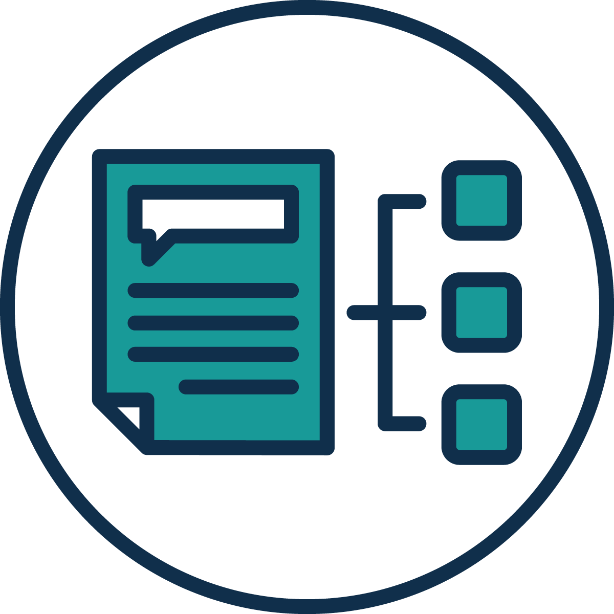 Icon of a document with a speech bubble, connected to a flowchart or diagram with three boxes.