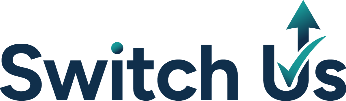 A stylized graphic with the words "Switch Us" in dark blue, featuring an upward arrow with a checkmark integrated into it, in shades of teal and dark blue.