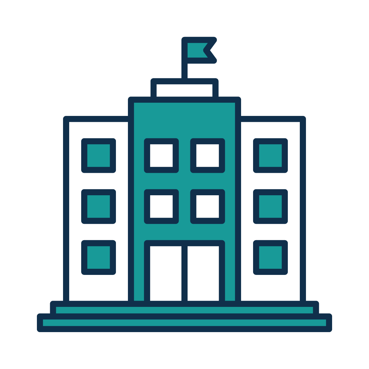 Simple line drawing or icon of a multi-story building, likely a school or office, with a flag on top.