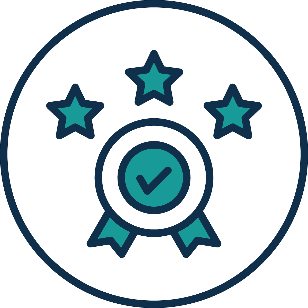 An award badge icon with three stars above a ribbon and checkmark, representing achievement or quality.