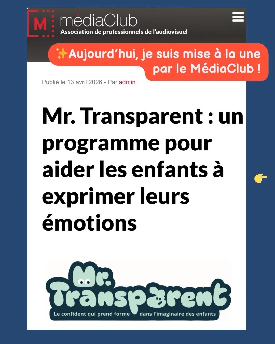 🫶 Merci au MediaClub de soutenir mon projet 🫶 
Voici l&rsquo;article paru aujourd&rsquo;hui : Mr. Transparent : un programme pour aider les enfants &agrave; exprimer leurs &eacute;motions | MediaClub
🎈 Mr. Transparent : aider les enfants &agrave; 
