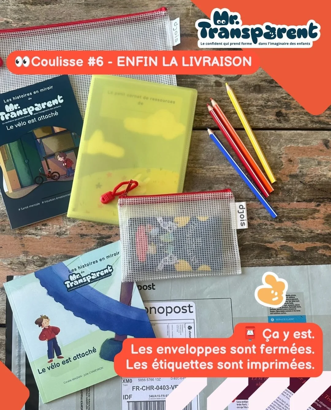 📦✨ Bon voyage ! Les premiers colis avec les supports Mr. Transparent sont partis aujourd&rsquo;hui.

😊Il y a quelques mois encore, ces histoires n&rsquo;&eacute;taient que des id&eacute;es, quelques notes, des personnages en construction.
📩Aujourd