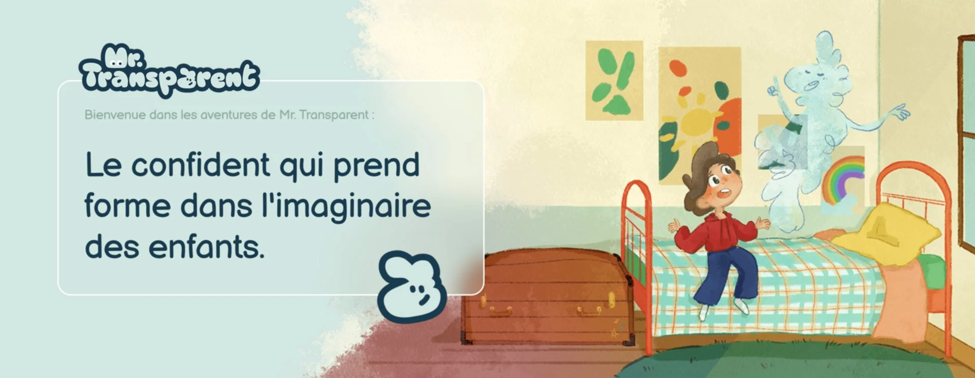 Une fille souriante sautant sur un lit d’enfant dans une chambre colorée, avec des dessins d’arc-en-ciel et des peintures sur le mur, et une fenêtre à droite.