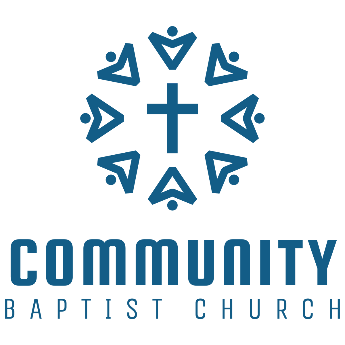 Logo for Community Baptist Church featuring a blue cross in the center surrounded by a circle of stylized human figures, with the church name written below in bold blue letters.