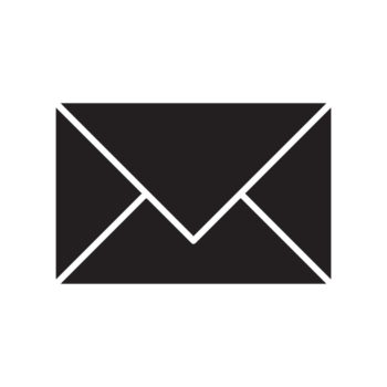 Black envelope icon with a white background.