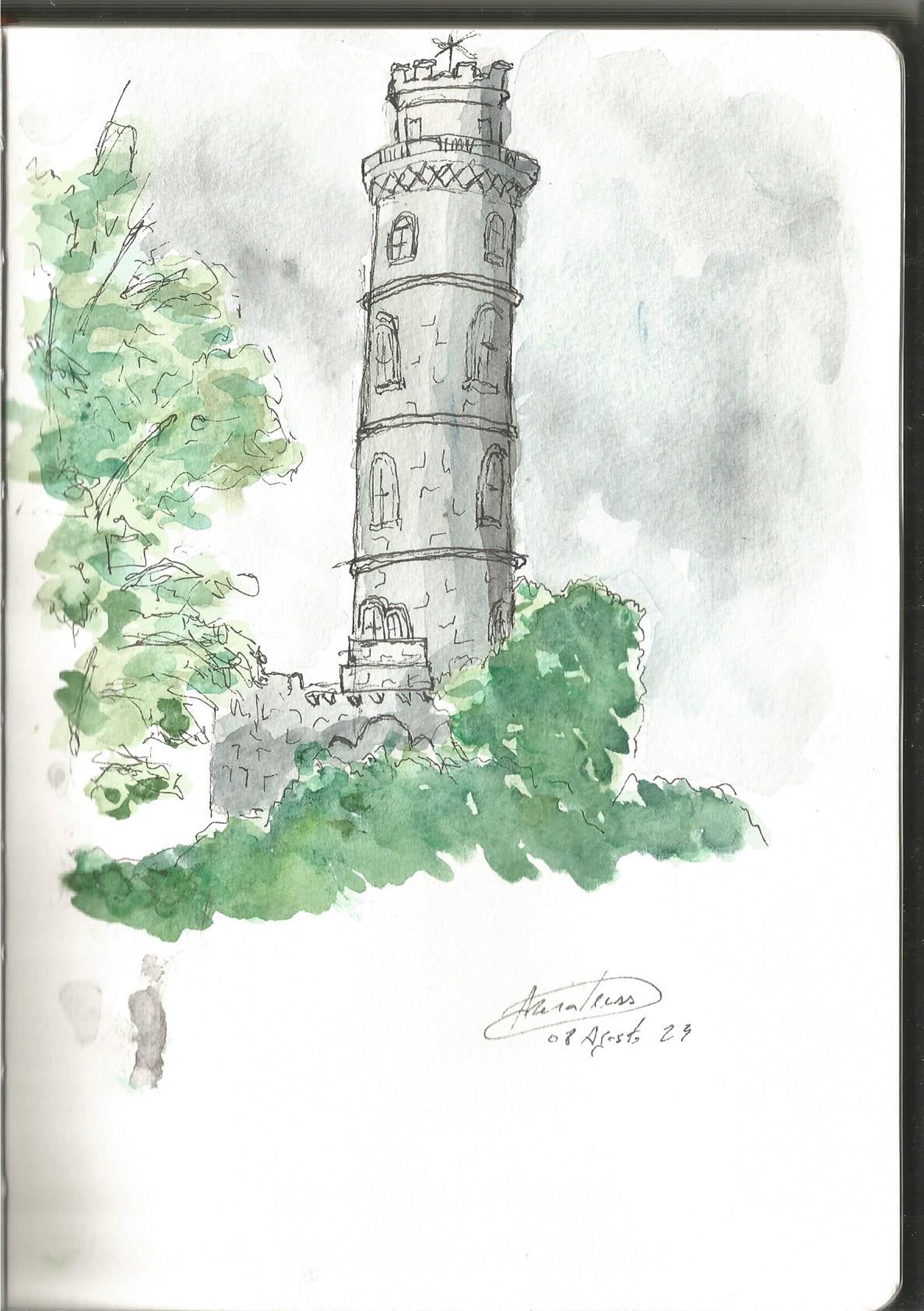 Ilustração de uma torre antiga cercada por vegetação, com detalhes em aquarela verde e cinza.