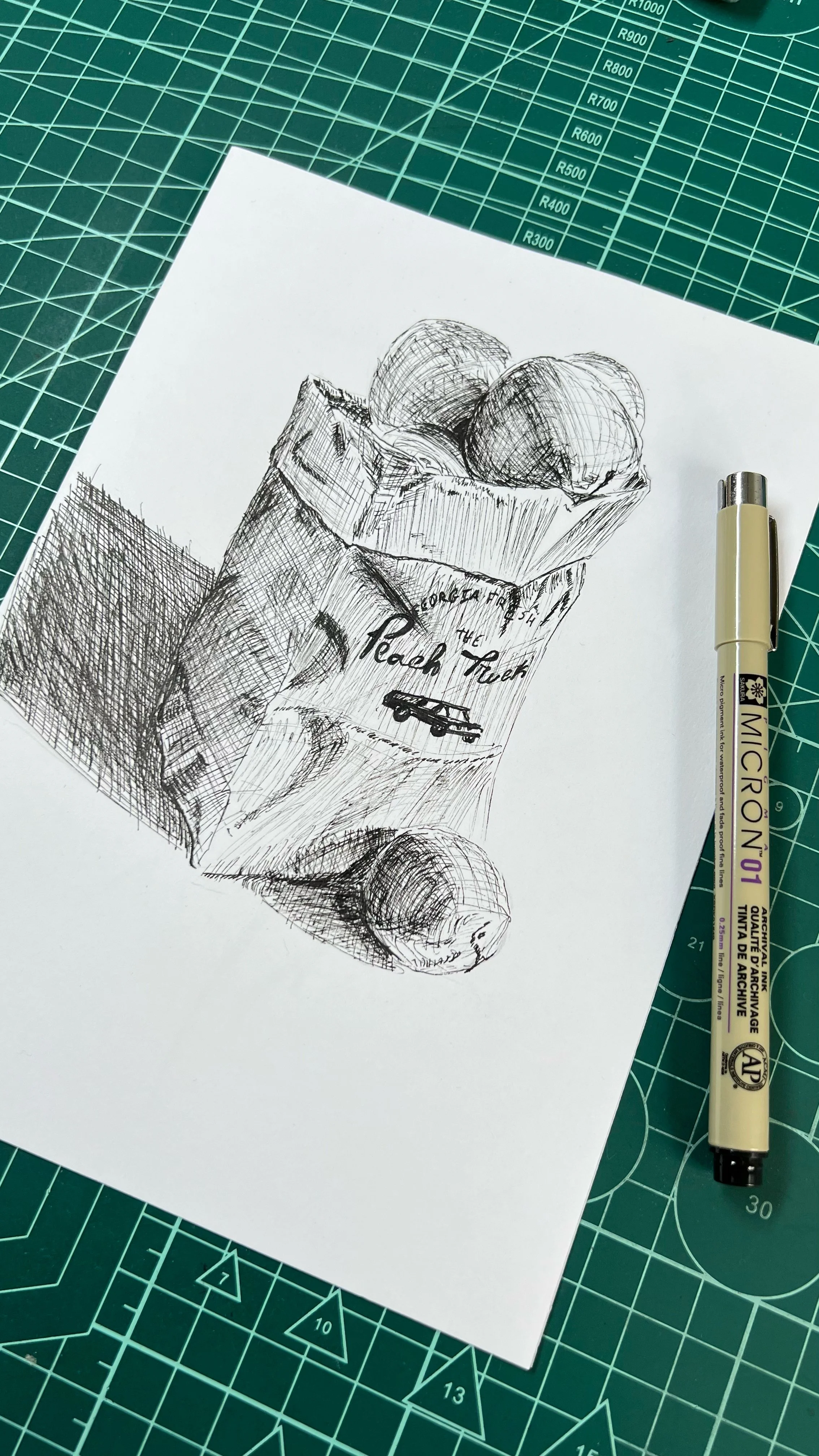 Desenho a tinta de um saco de pêssegos sobre uma folha de papel, ao lado de uma caneta Micron, em uma mesa de corte verde.