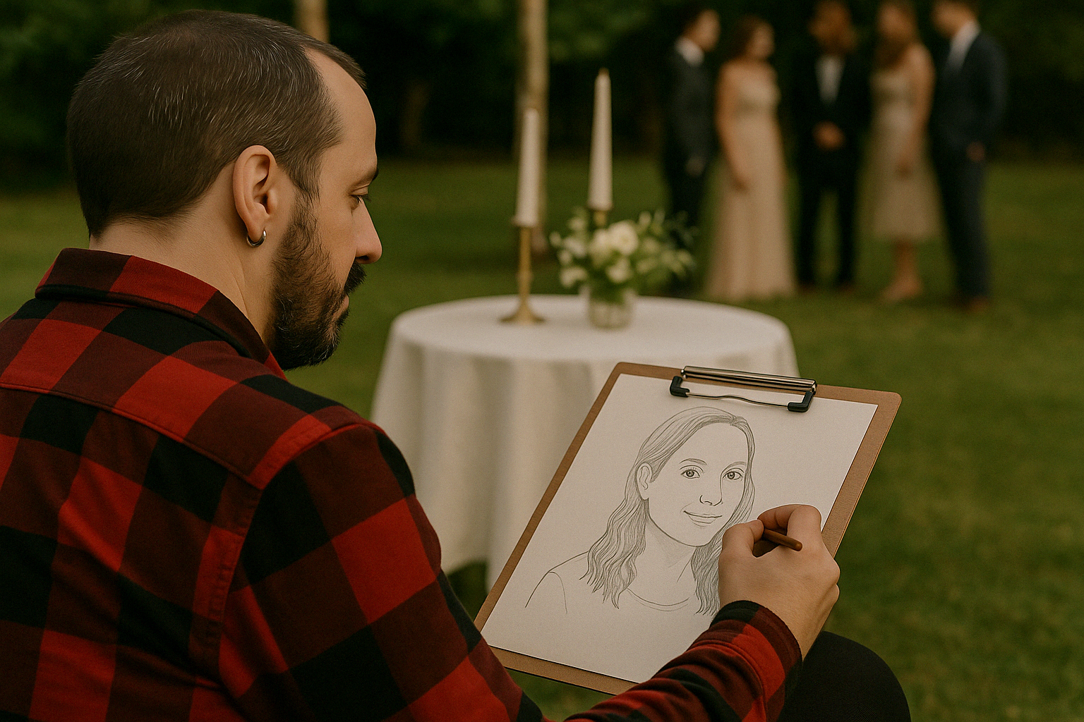 Homem desenhando retrato em prancheta ao ar livre, com pessoas ao fundo e mesa decorada com velas.