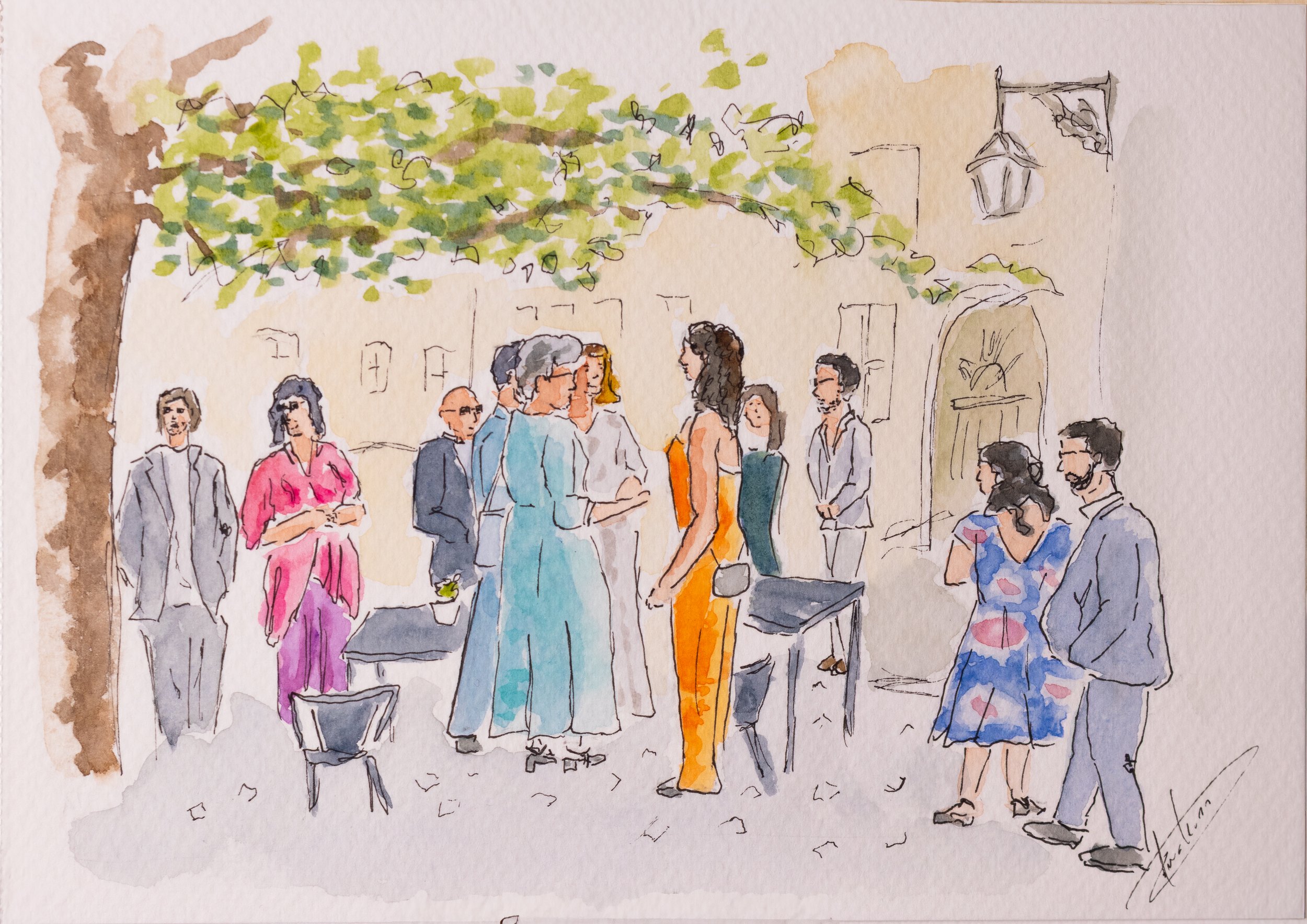 Pintura aquarela de um grupo de pessoas socializando ao ar livre, com árvores ao fundo.