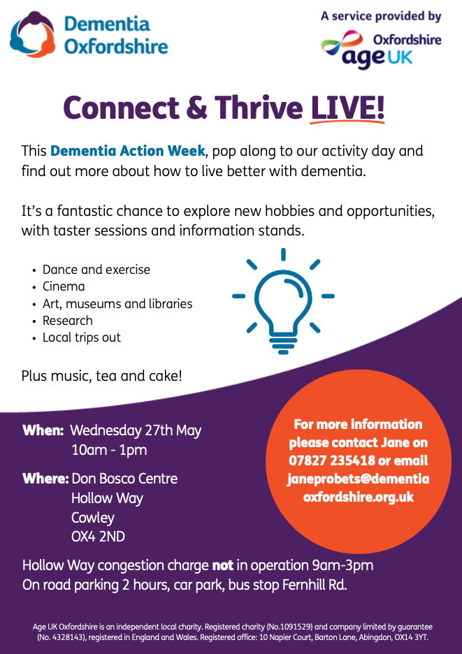 meet us at Dementia Oxfordshire’s CONNECT &amp; THRIVE LIVE EVENT