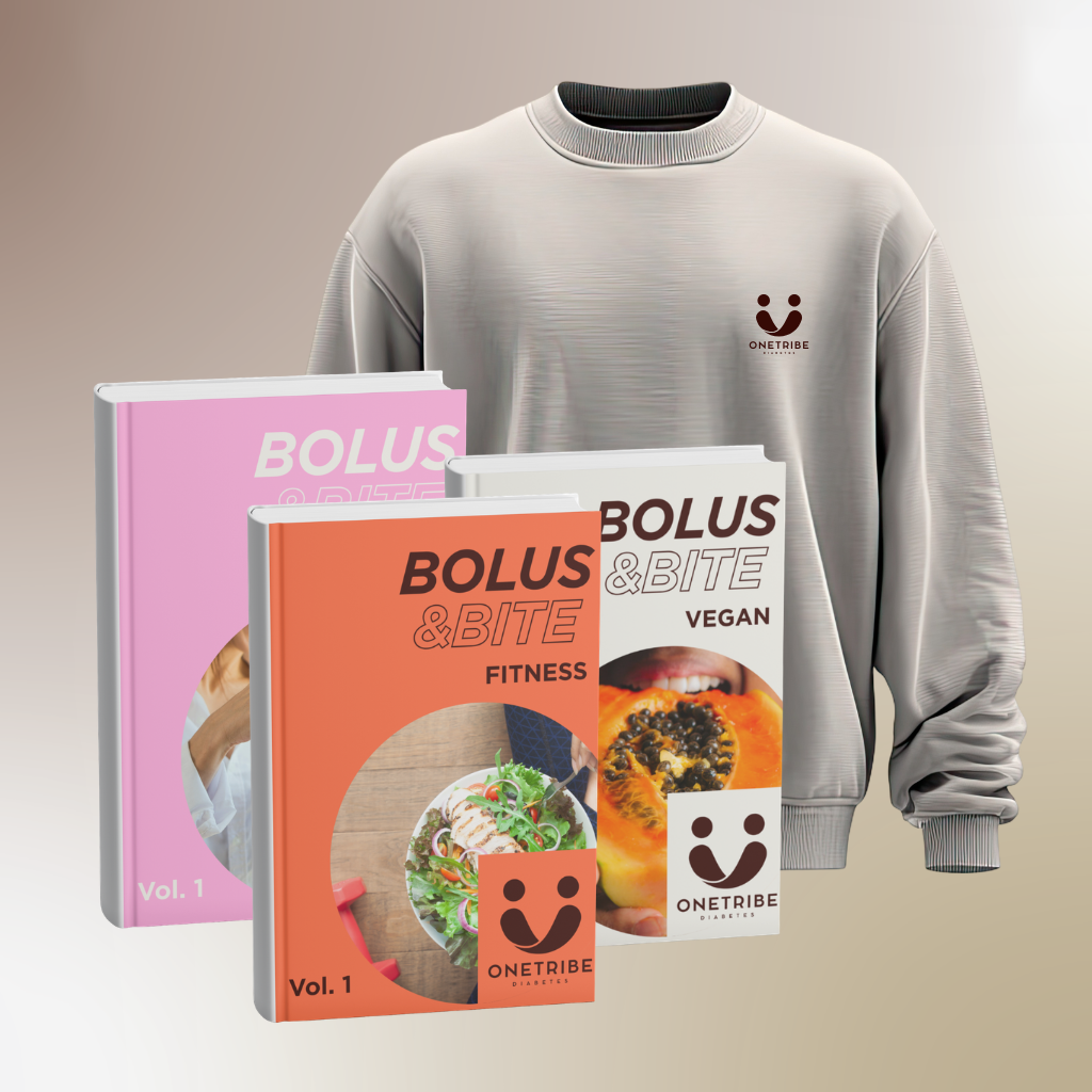 ONETRIBE sweatshirt displayed with Bolus and Bite digital guides representing Type 1 diabetes nutrition education, fitness and community lifestyle merchandise