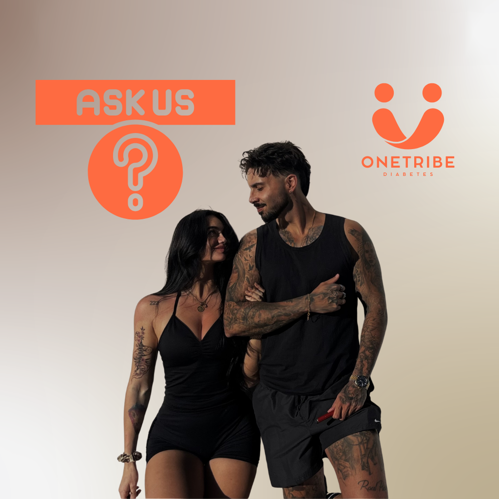 Talia and Joao from ONETRIBE beside AskUs feature representing Type 1 diabetes coaching support, community guidance and personalised education