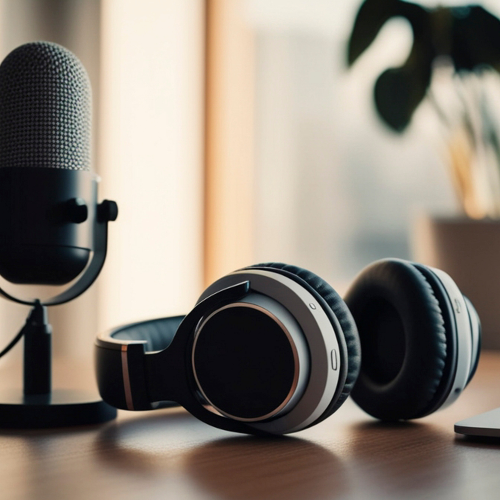 Wireless headphones and a microphone on a desk in a home or studio setting.