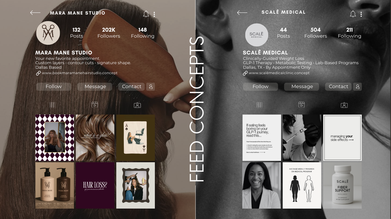 A split-screen image showing two Instagram profiles. The left profile is for Mara Mane Studio, a hair salon, with a cover photo of a woman with long, straight, brown hair and a grid of posts including hair products, hair photos, and beauty quotes. The right profile is for Scale Medical, a medical clinic, with a black-and-white cover photo and a grid of posts about weight loss, medical programs, and health-related images. Both profiles feature profile pictures, follower counts, and a chat option.