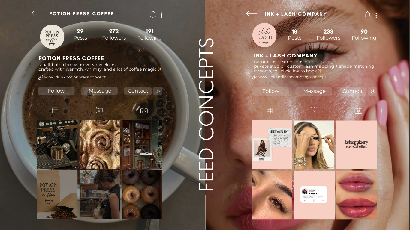 Side-by-side screenshots of two Instagram profiles. The left profile is Potion Press Coffee, featuring a coffee cup with coffee beans and various coffee-related images. The right profile is Ink + Lash Company, showcasing close-up photos of a woman with makeup, her eyes, lips, and related makeup-themed content.