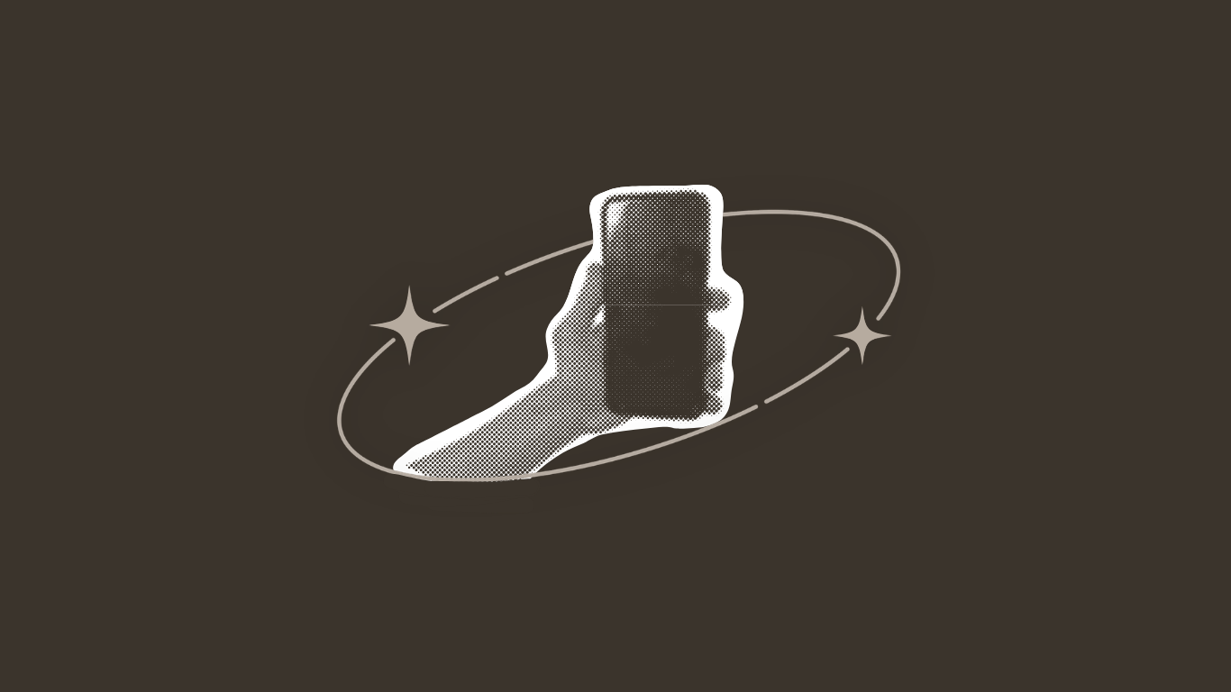 Retro-style illustration of a hand holding a smartphone, surrounded by orbit-like lines and star shapes.