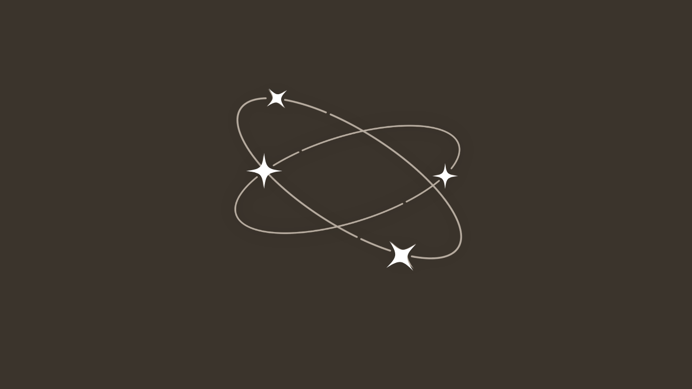 Digital illustration of a stylized atom with four star-like points on the orbit paths, set against a dark background.