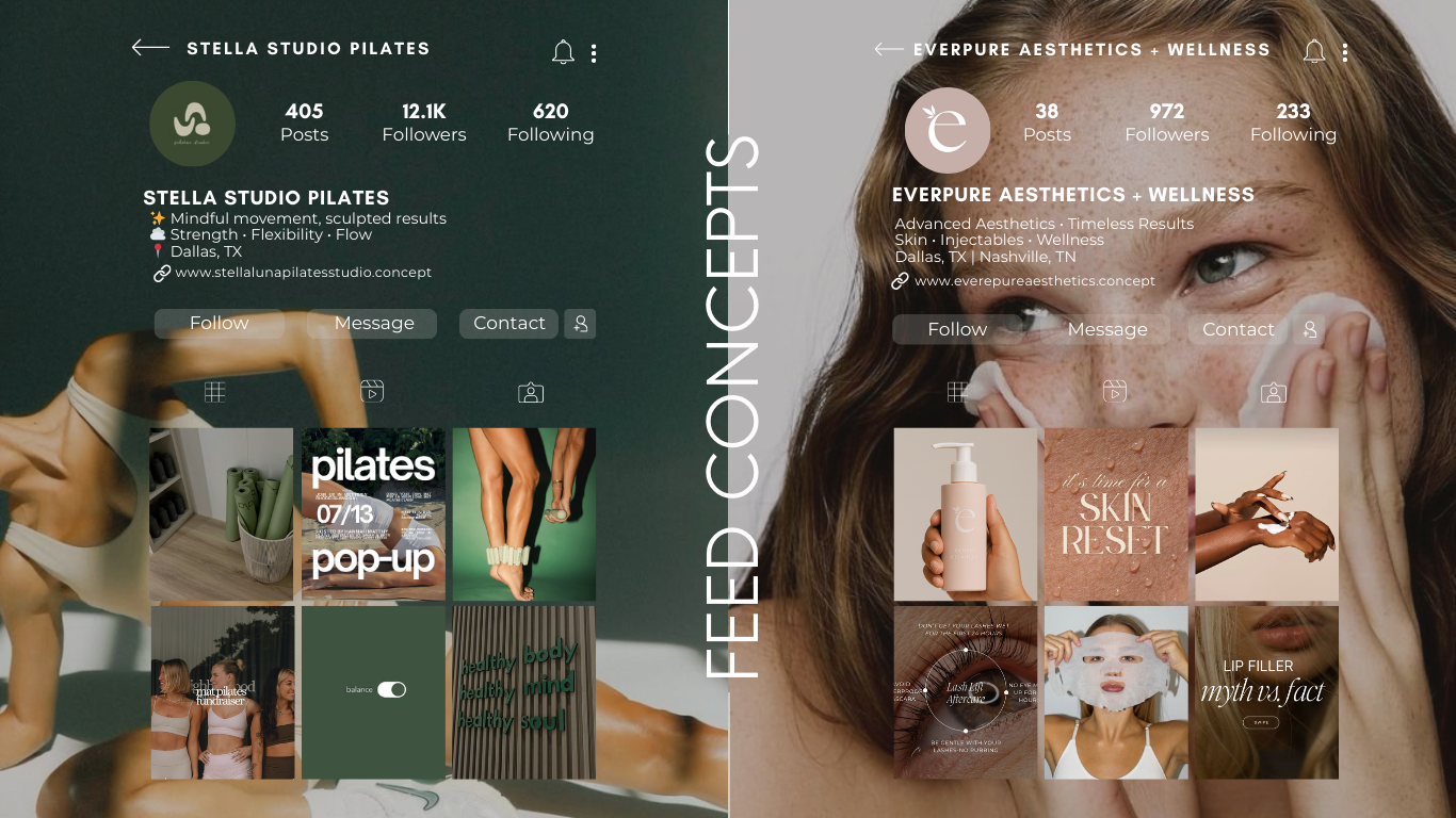 Split-screen of two social media profiles. The left side is Stella Studio Pilates with 405 posts, 12.1K followers, and 620 following, featuring fitness and Pilates-related images. The right side is Everpure Aesthetics + Wellness with 38 posts, 972 followers, and 233 following, showcasing skincare and wellness-themed images.