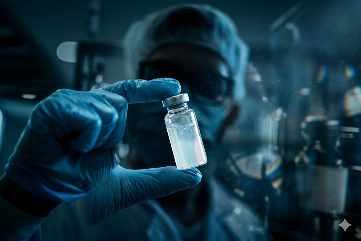 A scientist wearing protective gear, gloves, and goggles holding a small vial with a clear liquid inside, in a laboratory setting.