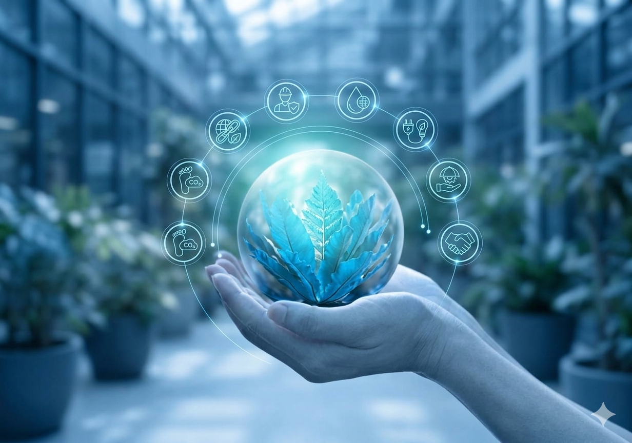 A hand holding a glass sphere with a leaf inside, surrounded by icons representing sustainability and eco-friendly practices in a greenhouse or plant nursery.