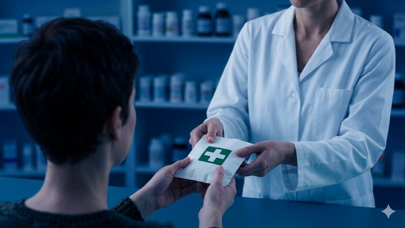 A healthcare professional in a white coat hands a package with a medical cross symbol to a patient in a pharmacy or medical setting.