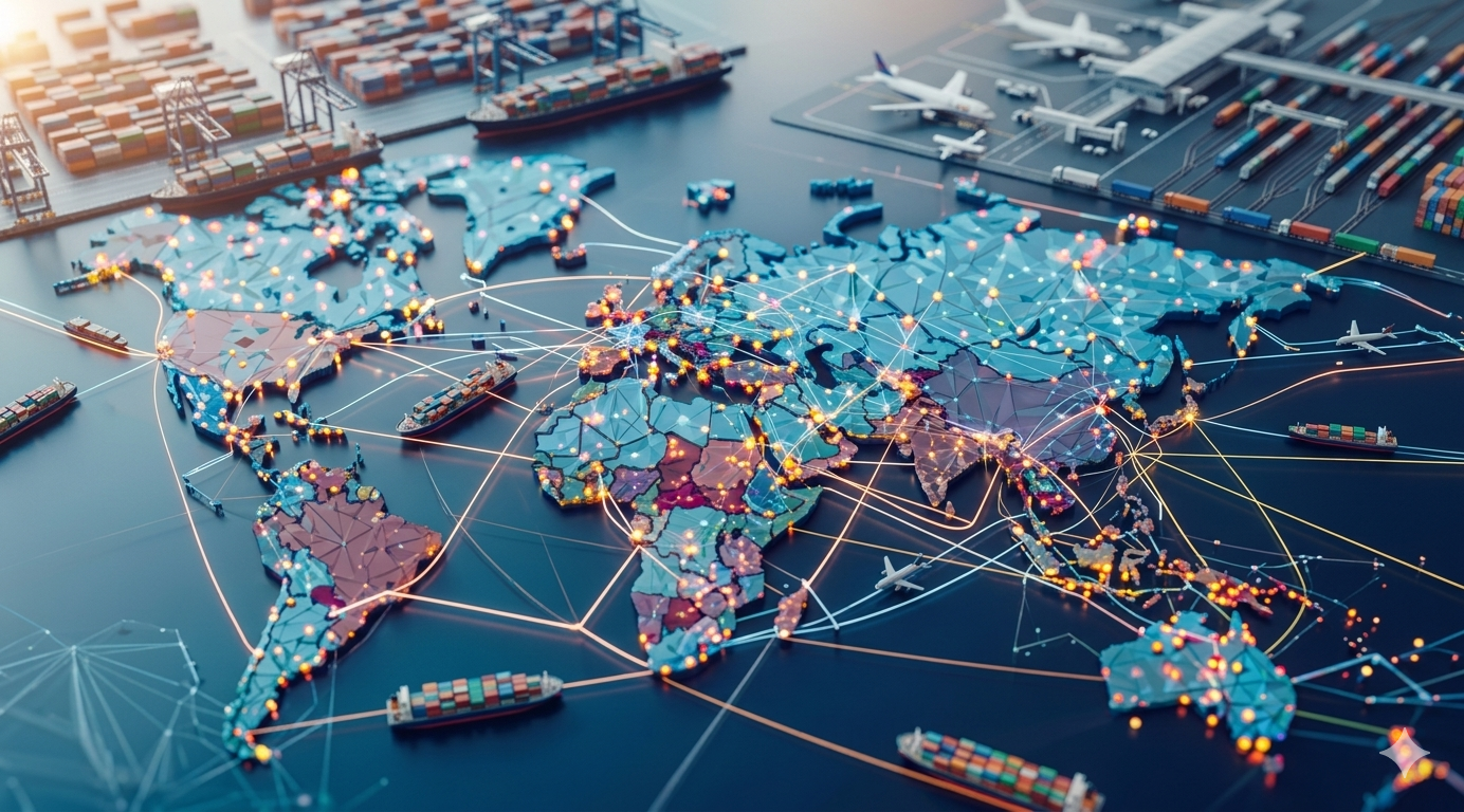 A colorful digital map of the world with connected dots and lines, showing shipping ports, cargo ships at sea, and airplanes indicating global trade and transportation networks.