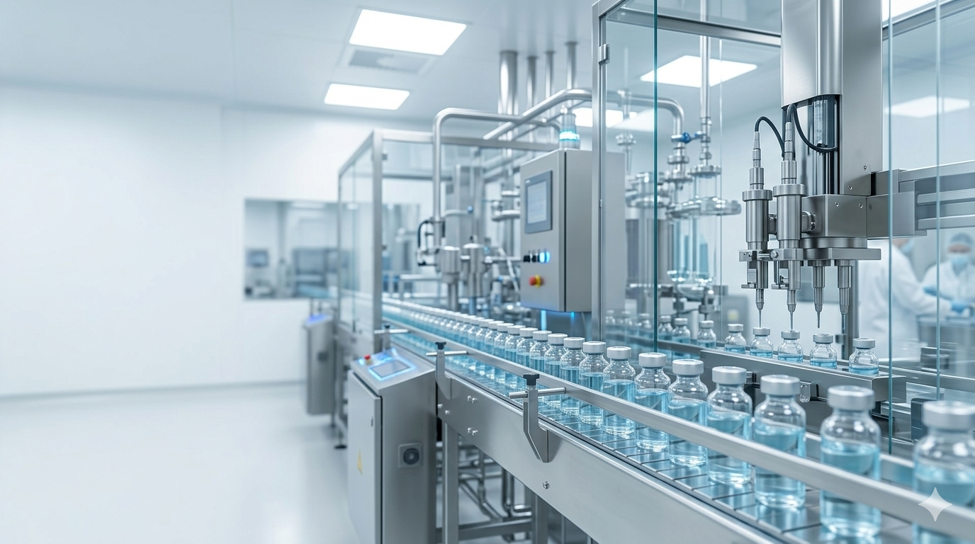 Automated pharmaceutical production line with bottles moving through machinery in a clean, sterile lab setting