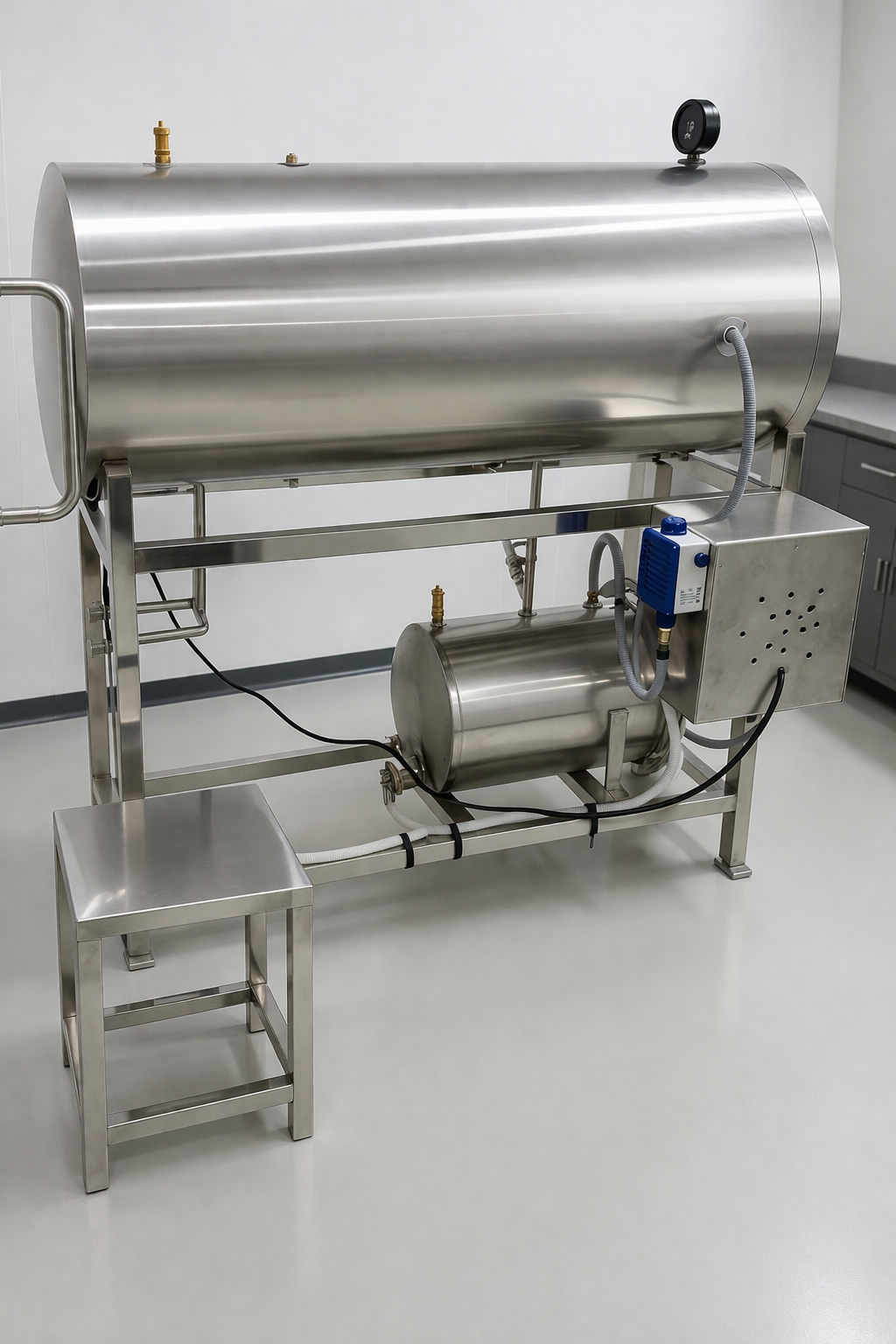 A large stainless steel autoclave sterilizer in a clean laboratory setting.