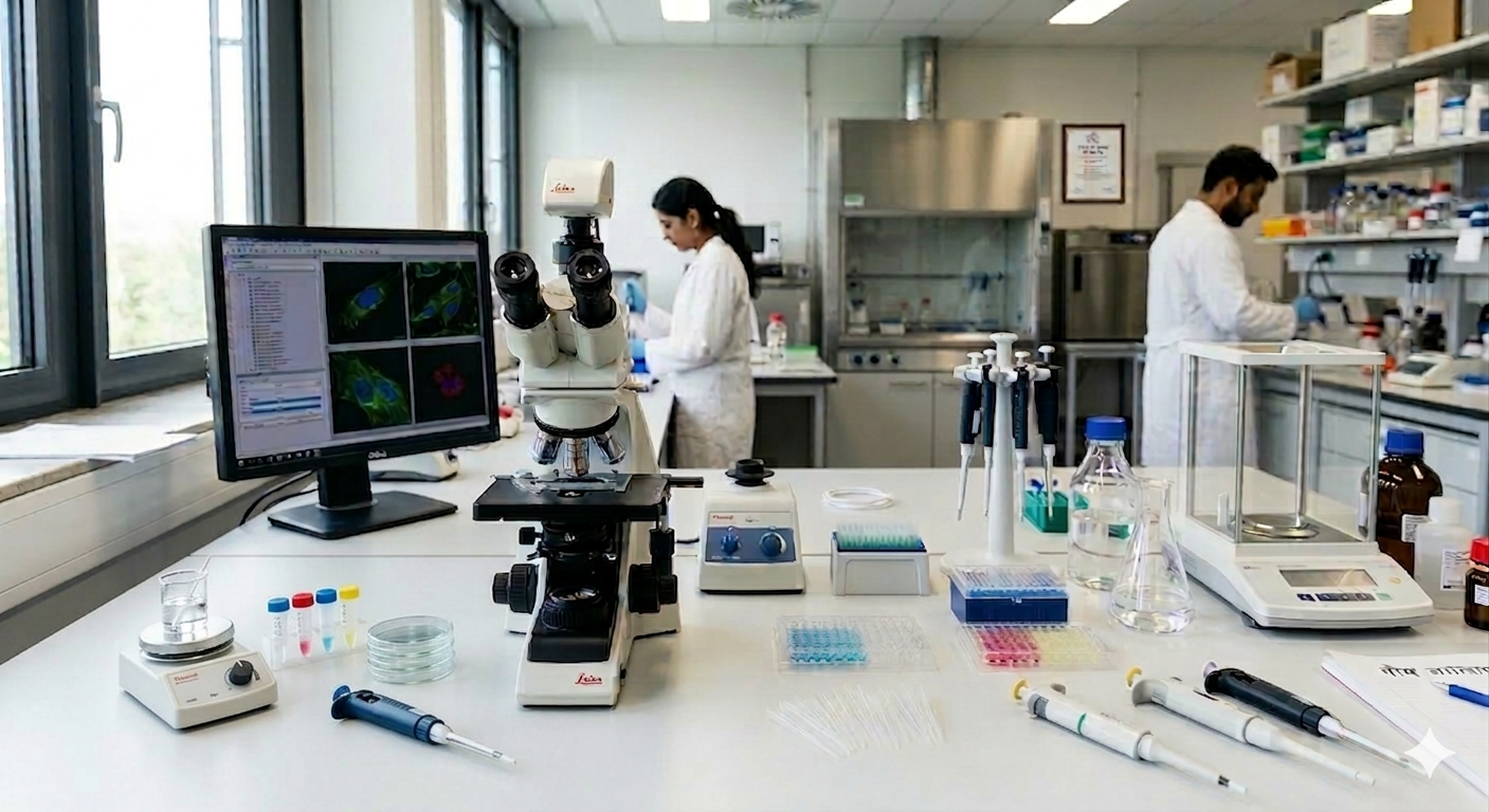 Laboratory with microscopes, pipettes, test tubes, and scientific equipment. Two scientists in lab coats work at their stations.