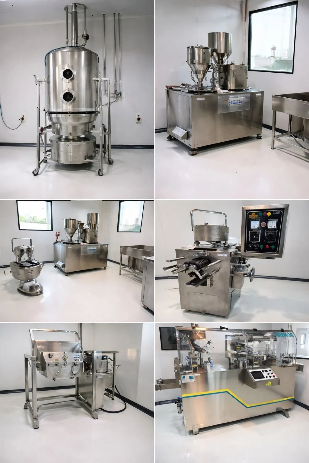 Collection of industrial machinery and equipment in a clean, white-walled laboratory or manufacturing space, including stainless steel tanks, mixers, and control panels.