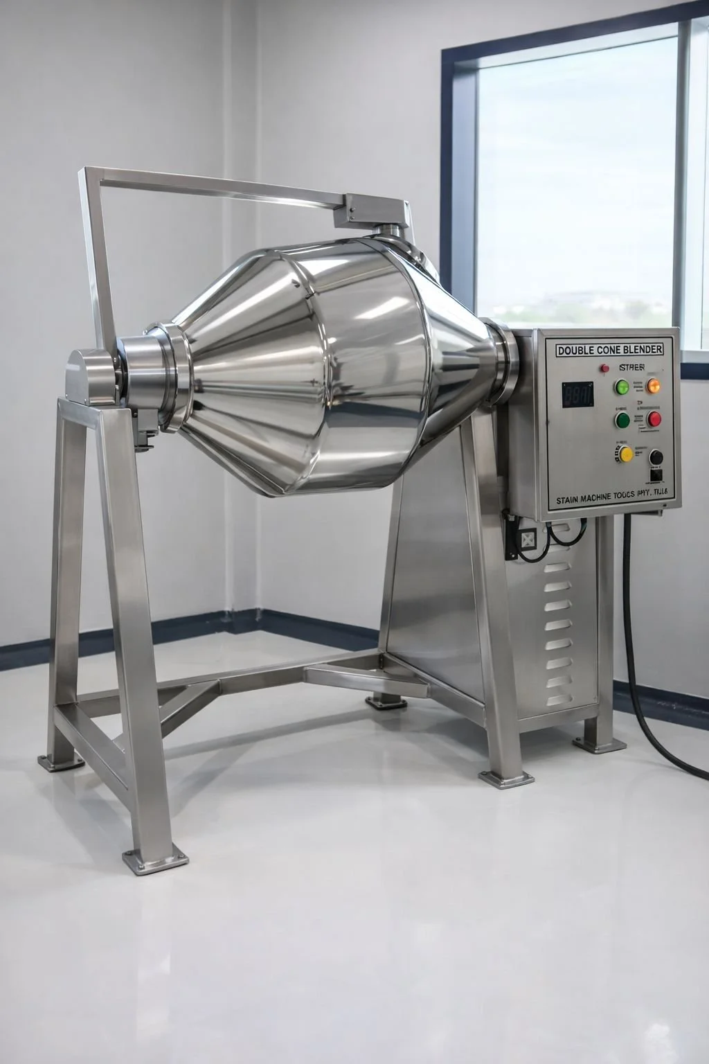 Stainless steel double cone blender machine in a clean room.