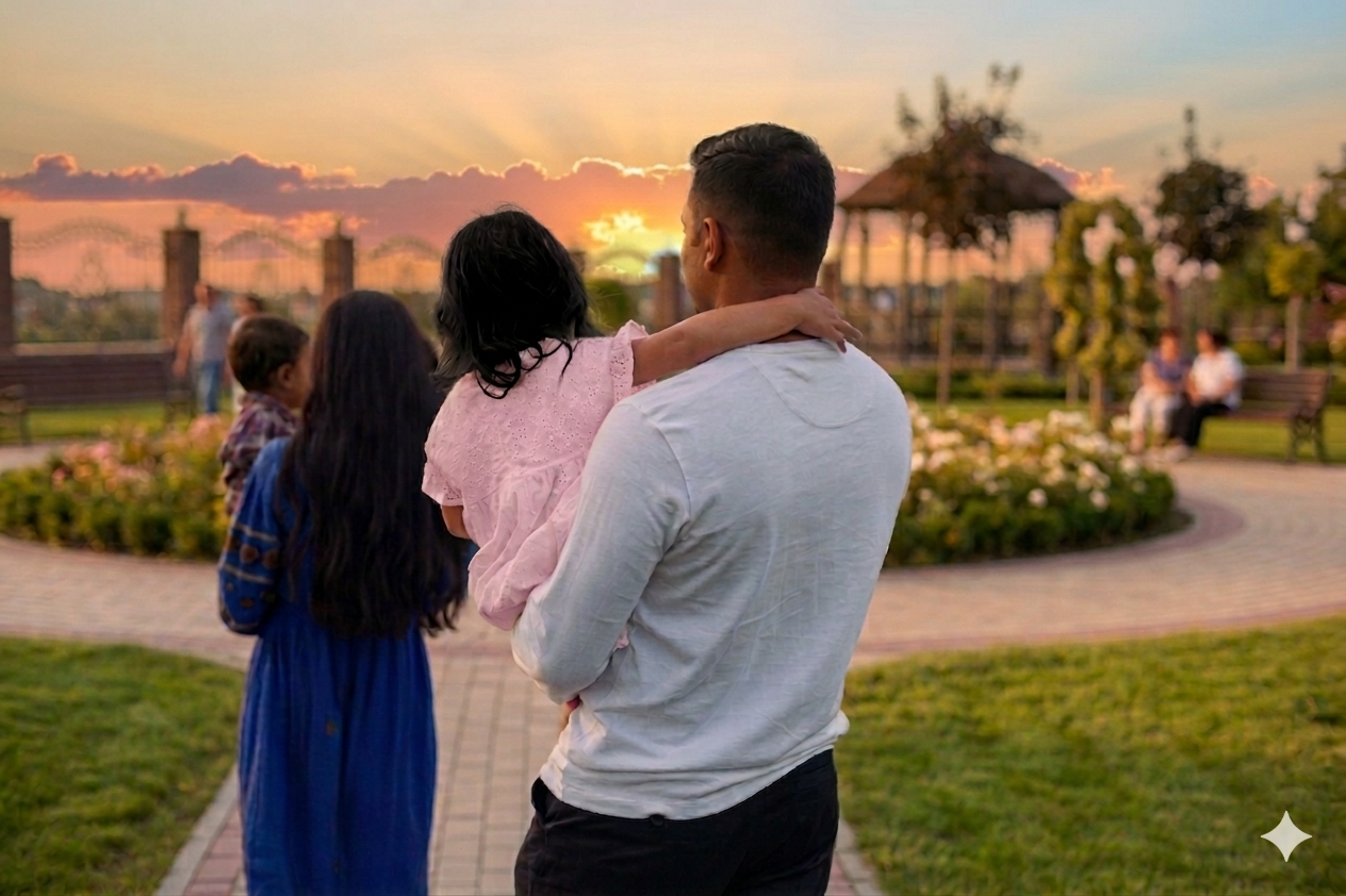 A man holding a young girl in a pink dress in a park at sunset. Two women and a young boy are nearby. The park has benches, flowers, and trees, with a sunset sky in the background.