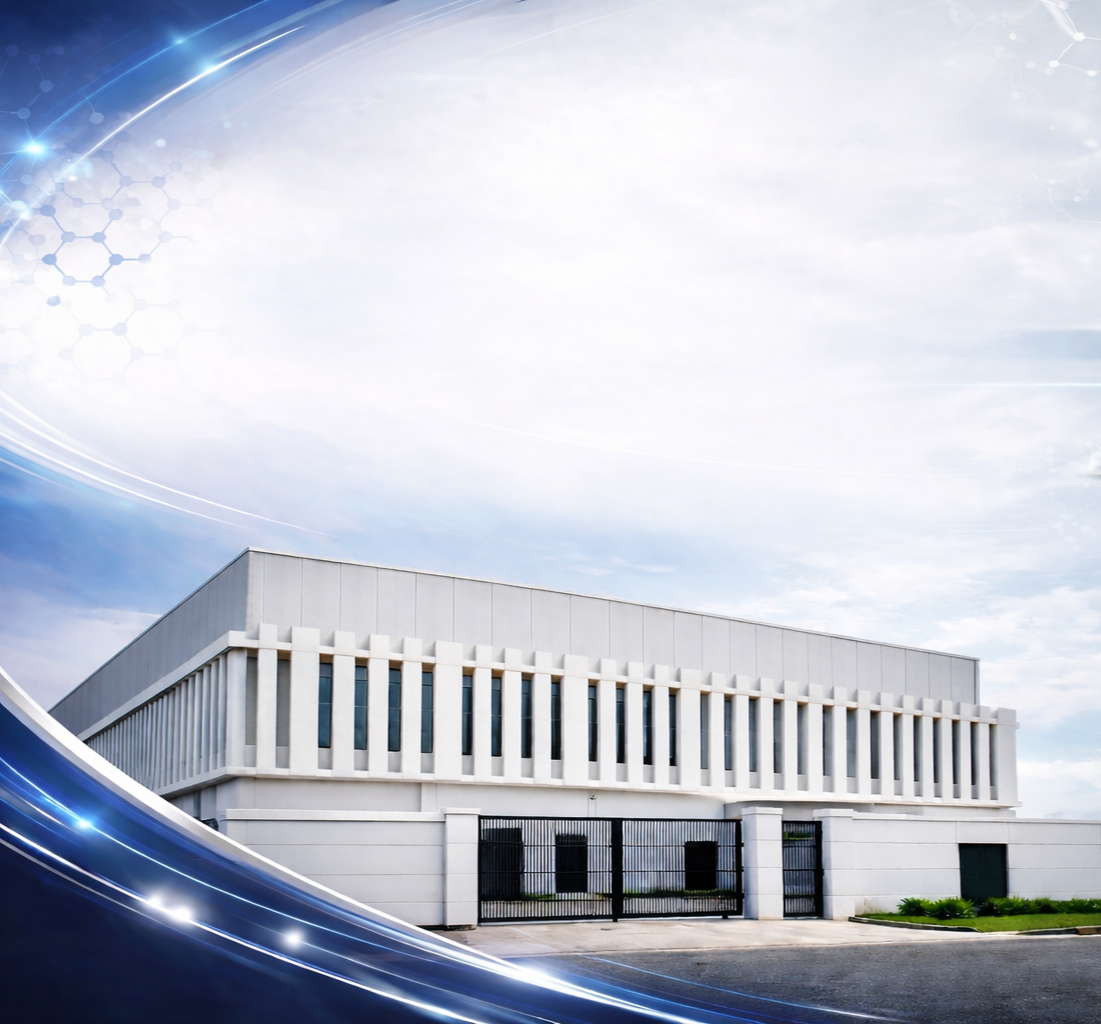 Modern government or office building with white exterior and a gated entrance, under a partly cloudy sky with digital graphic overlays.