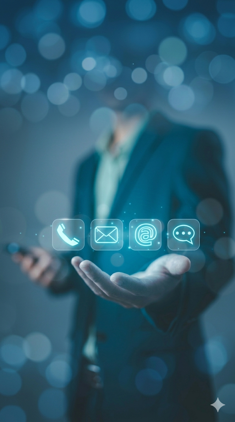 Person in business attire holding a smartphone with holographic icons for phone, email, at symbol, and chat floating above their hand.