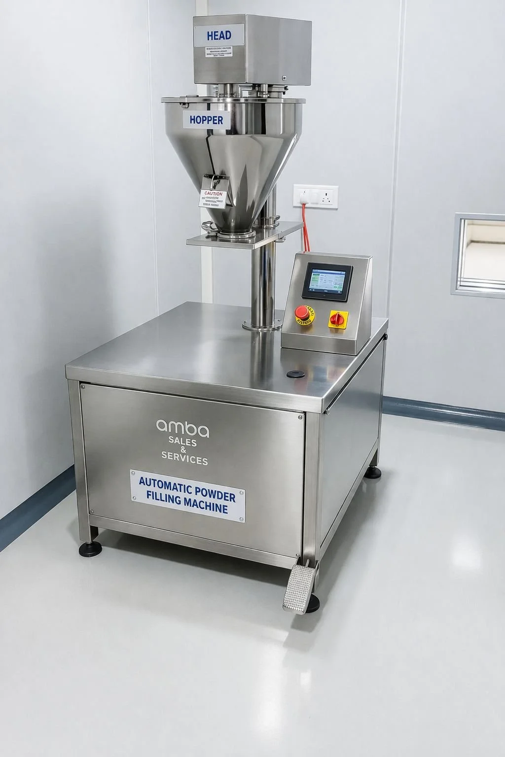 Stainless steel automatic powder filling machine with control panel, labeled 'AMBA SALES & SERVICES' and 'AUTOMATIC POWDER FILLING MACHINE'.