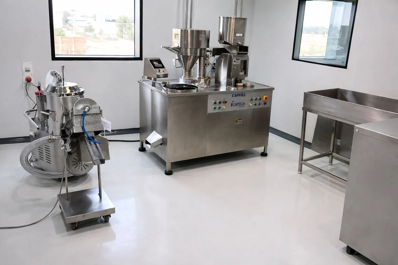 Industrial food processing equipment in a clean room, including a stainless steel machine with various components, control panel, and a tray, with windows showing an outdoor view.