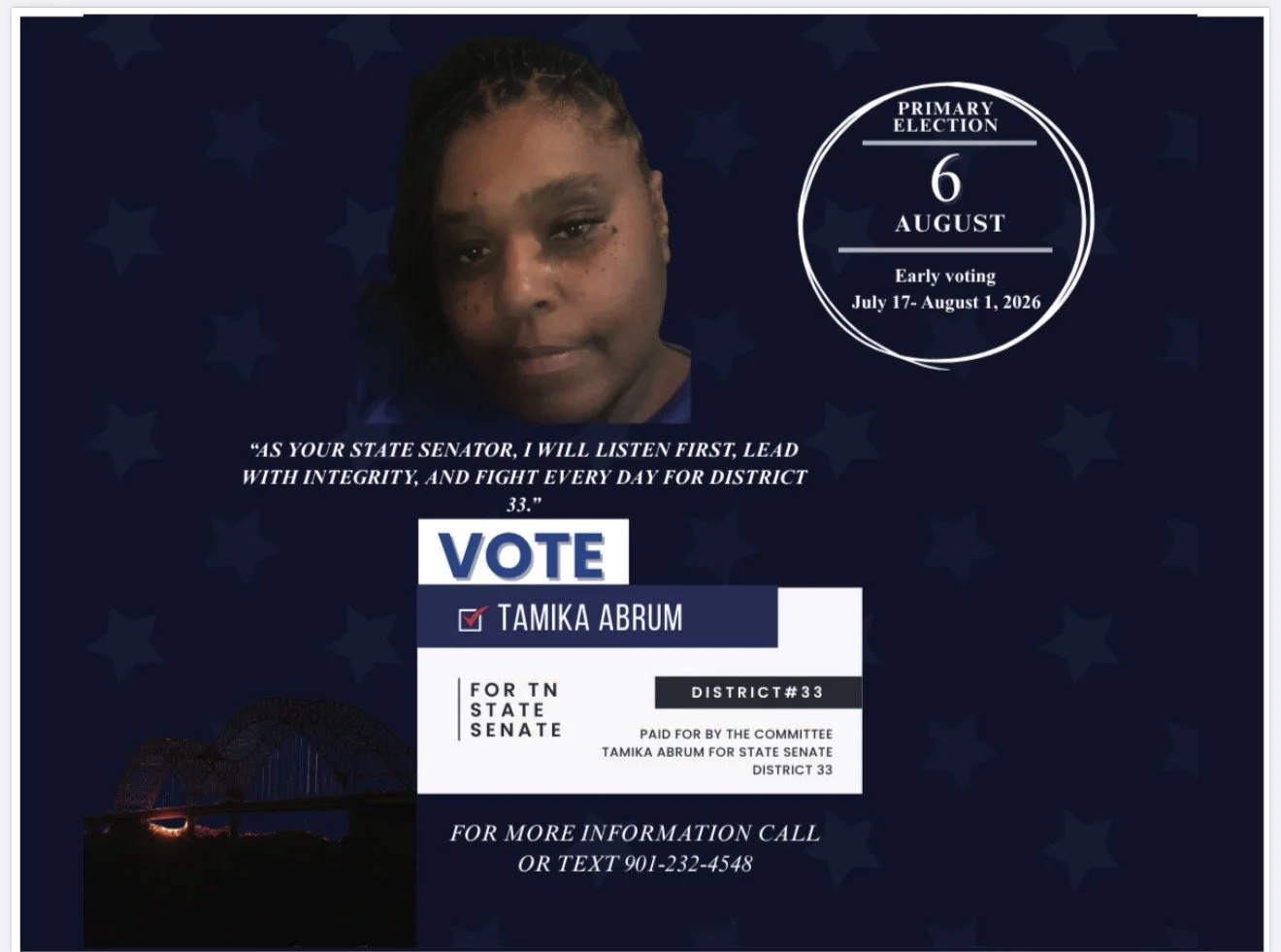 Campaign flyer for Tamika Abrum for Tennessee State Senate, District 33, featuring a woman’s portrait, election date August 6, early voting period July 17-August 1, 2026, with a bridge at sunset at the bottom.