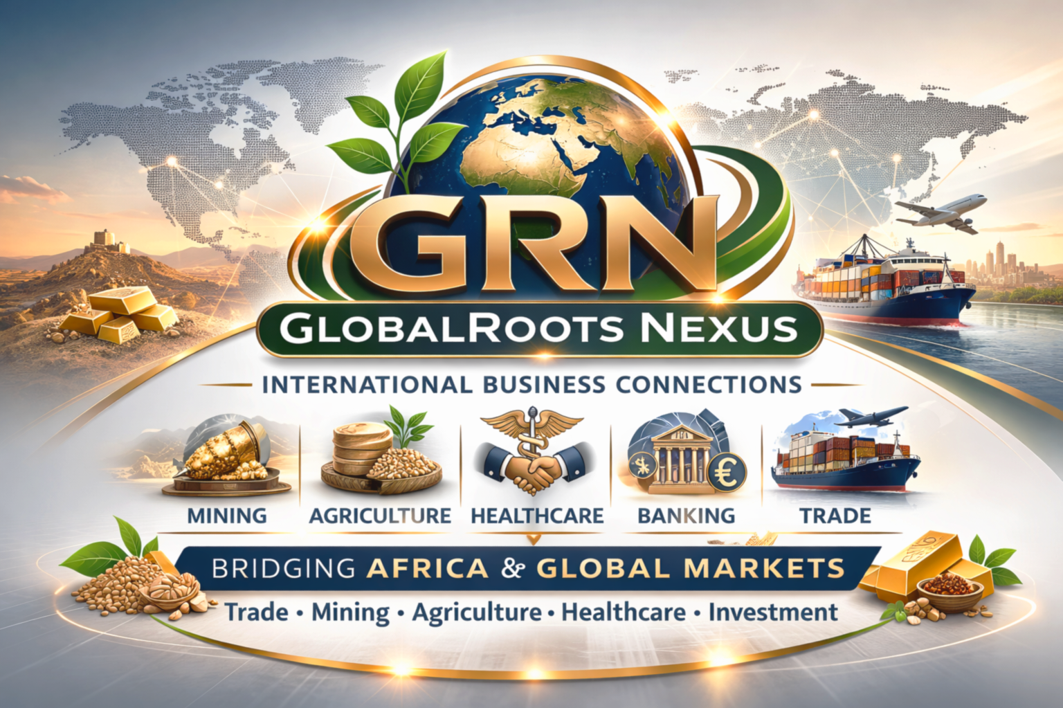 Global Roots Nexus logo with world map, globe, and symbols representing mining, agriculture, healthcare, banking, and trade, emphasizing international business connections and Africa's role.