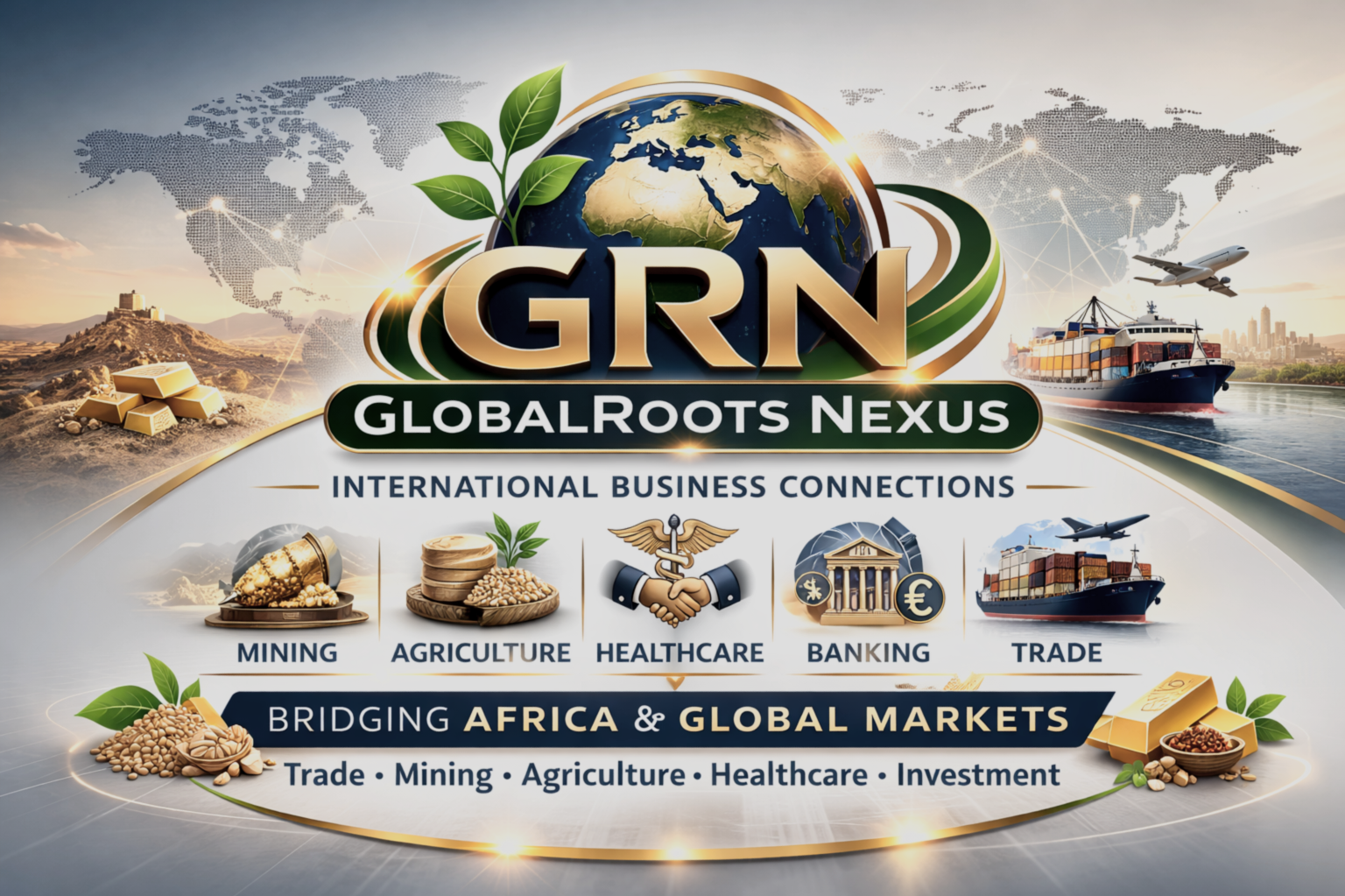 Global Roots Nexus logo with images representing mining, agriculture, healthcare, banking, and trade, including a globe, ships, airplanes, and various business icons.