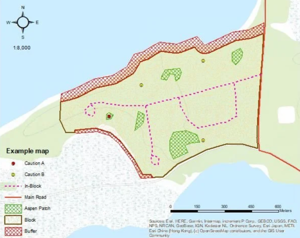 Map showing a coastal area with land, main road, Aspen patches, and various blocks outlined with a buffer zone, caution areas, and an in-block boundary, including a compass for orientation.