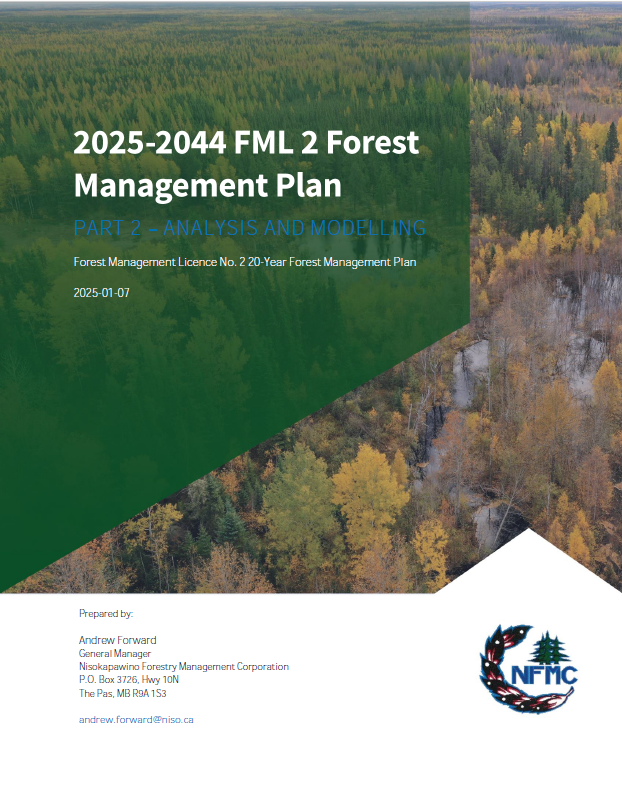 Cover page of a forest management plan report, titled '2025-2044 FML 2 Forest Management Plan' with a subtitle 'Part 2 - Analysis and Modelling'. The background features an aerial view of a dense forest and a river, with a NFMC logo in the bottom right corner.