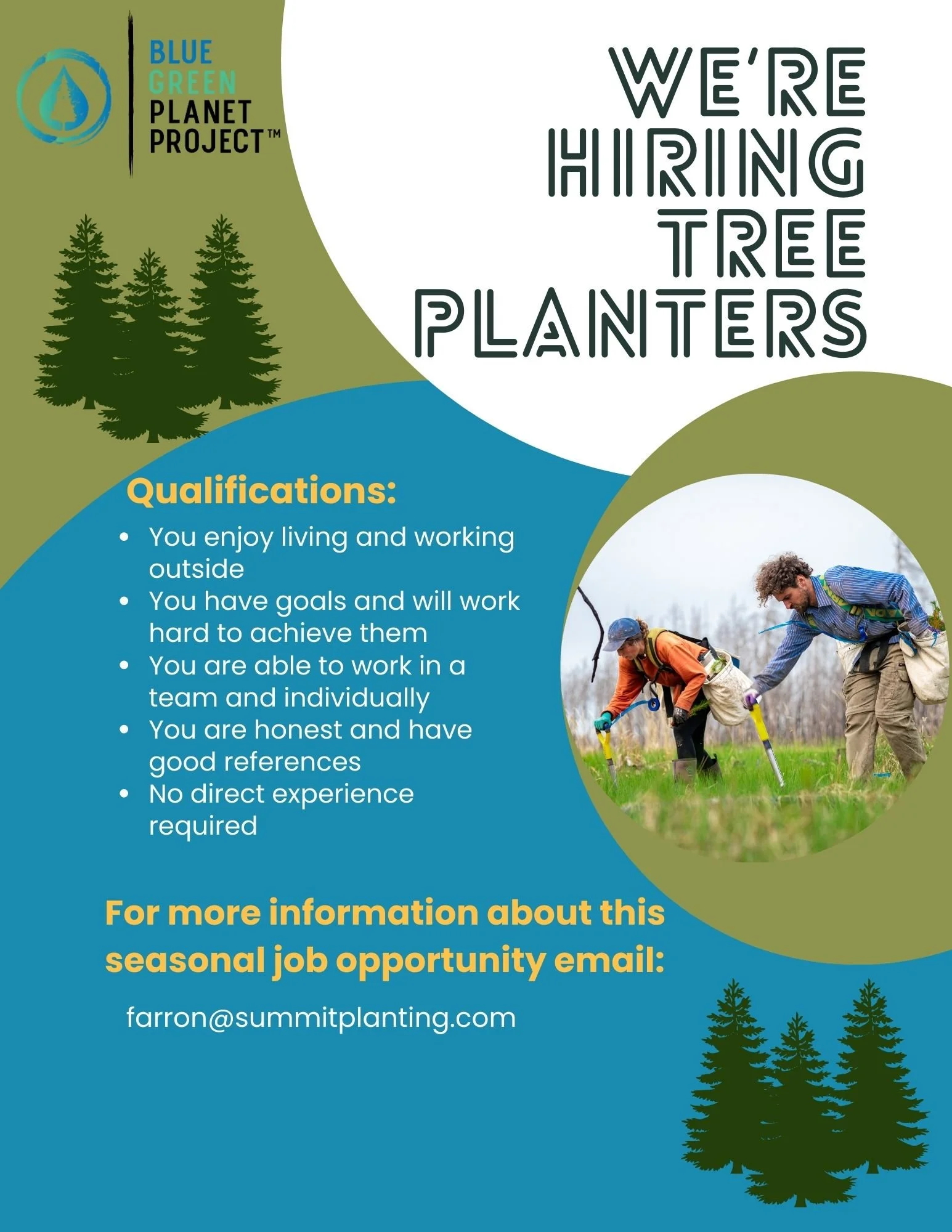 Flyer for tree planters job opportunity by Blue Green Planet Project, with qualifications listed and a photo of two people planting trees outdoors, surrounded by evergreen trees.