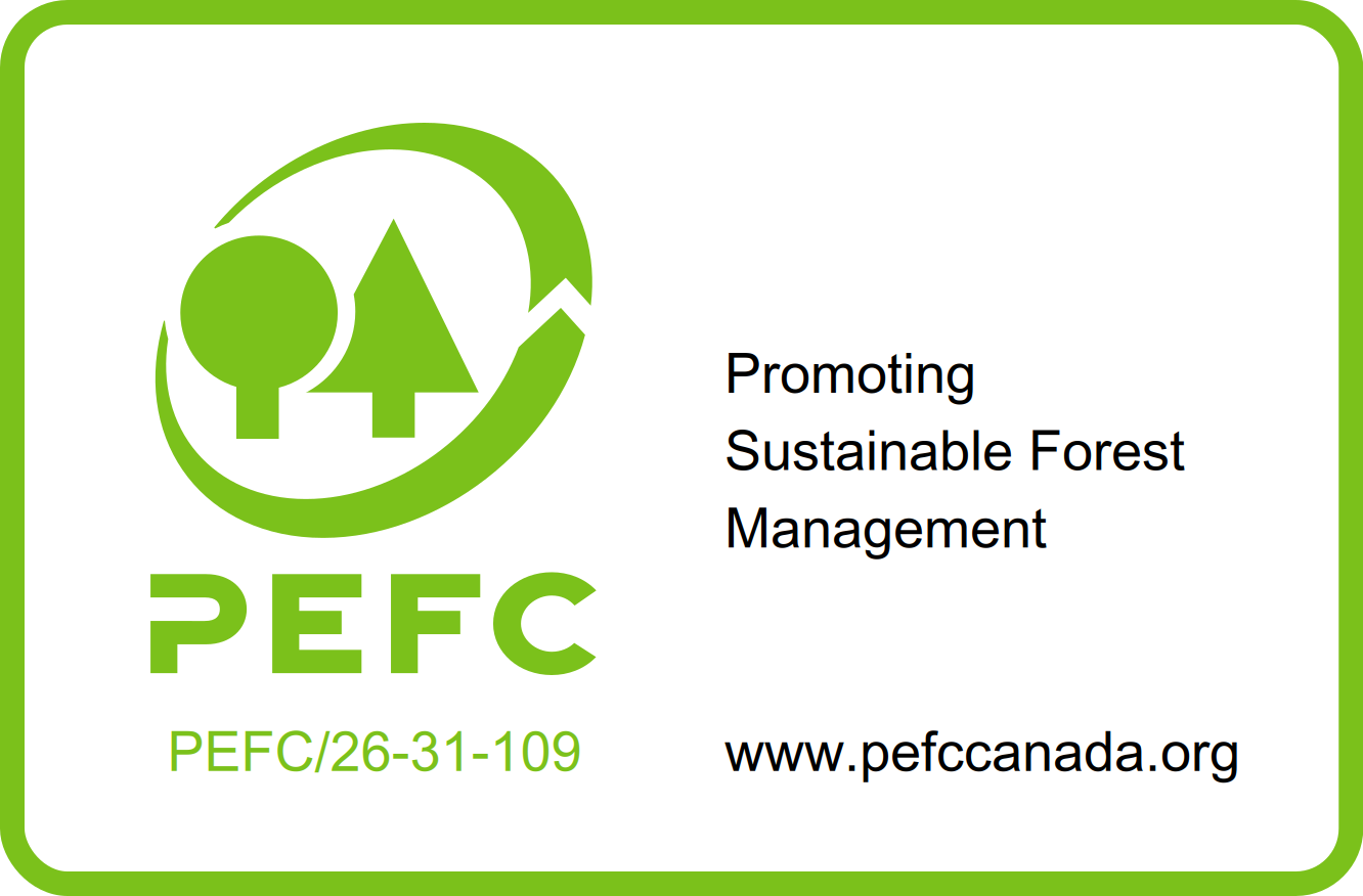 A certification label for promoting sustainable forest management with a green border, featuring a logo of a tree and a circle, the acronym PEFC, a certification number, and the website www.pefc.org.