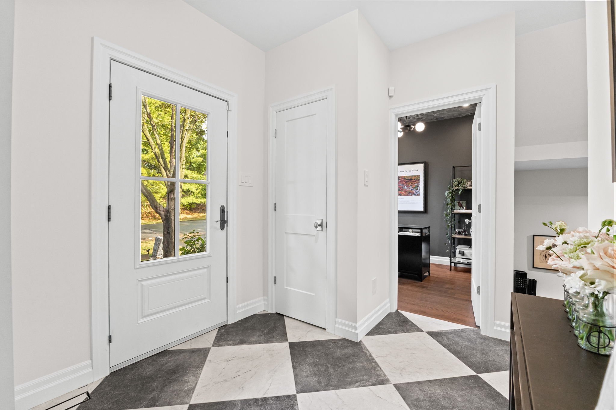 Entryway with a white door and glass window, featuring black and white diamond-patterned floor tiles, leading to a dark gray room with shelves and wall art.