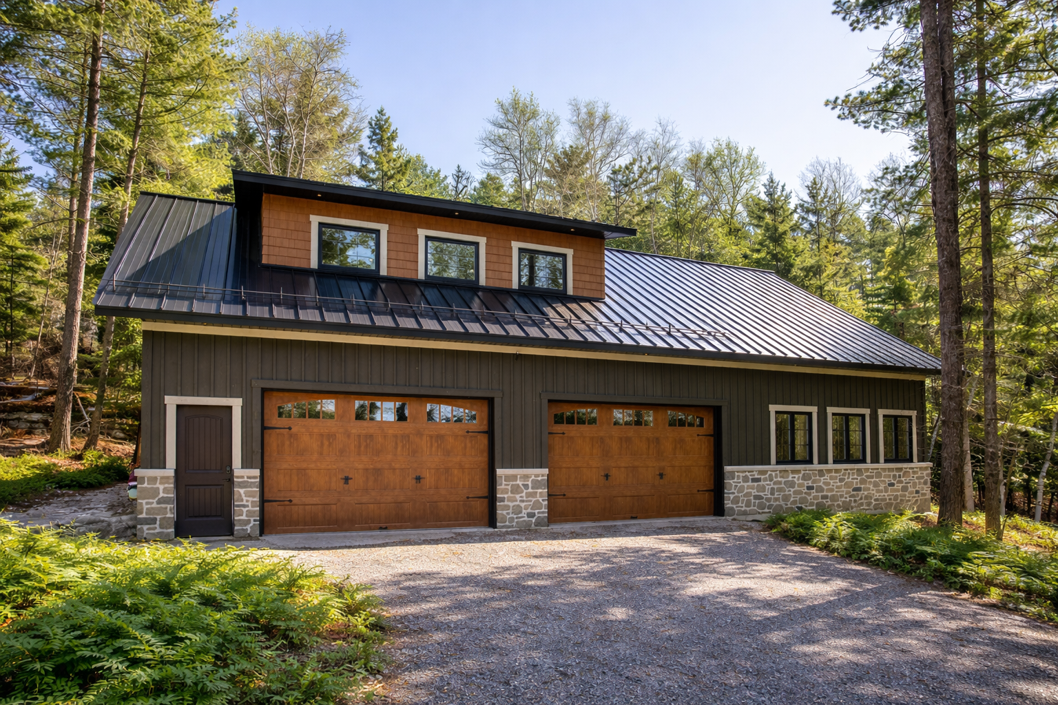 Off-grid custom cottage on White Lake, Ontario featuring natural wood elements and rustic modern design, built by Centennial Construction Management.