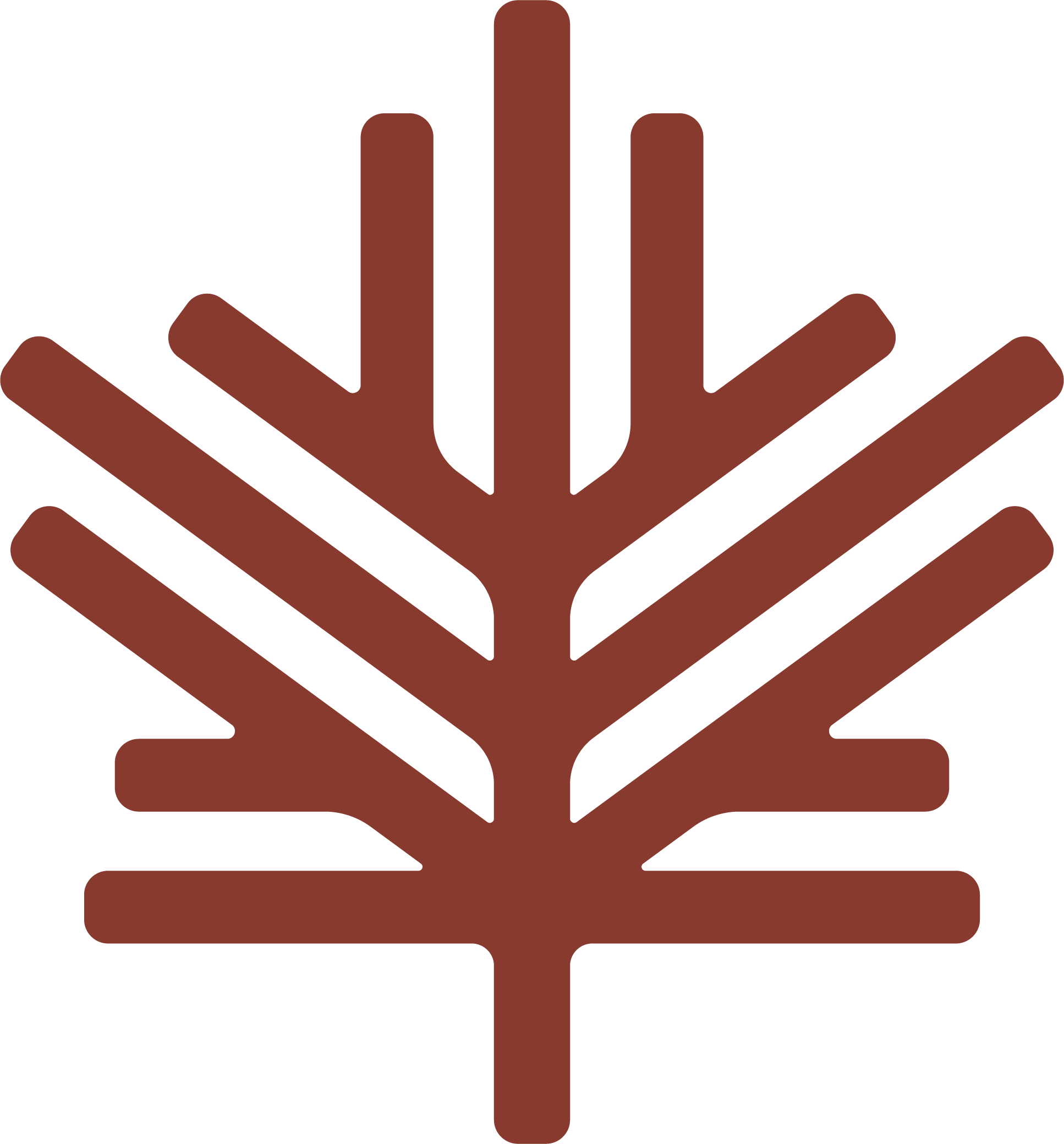 Illustration of a brown, stylized, symmetrical tree with a simple geometric design.