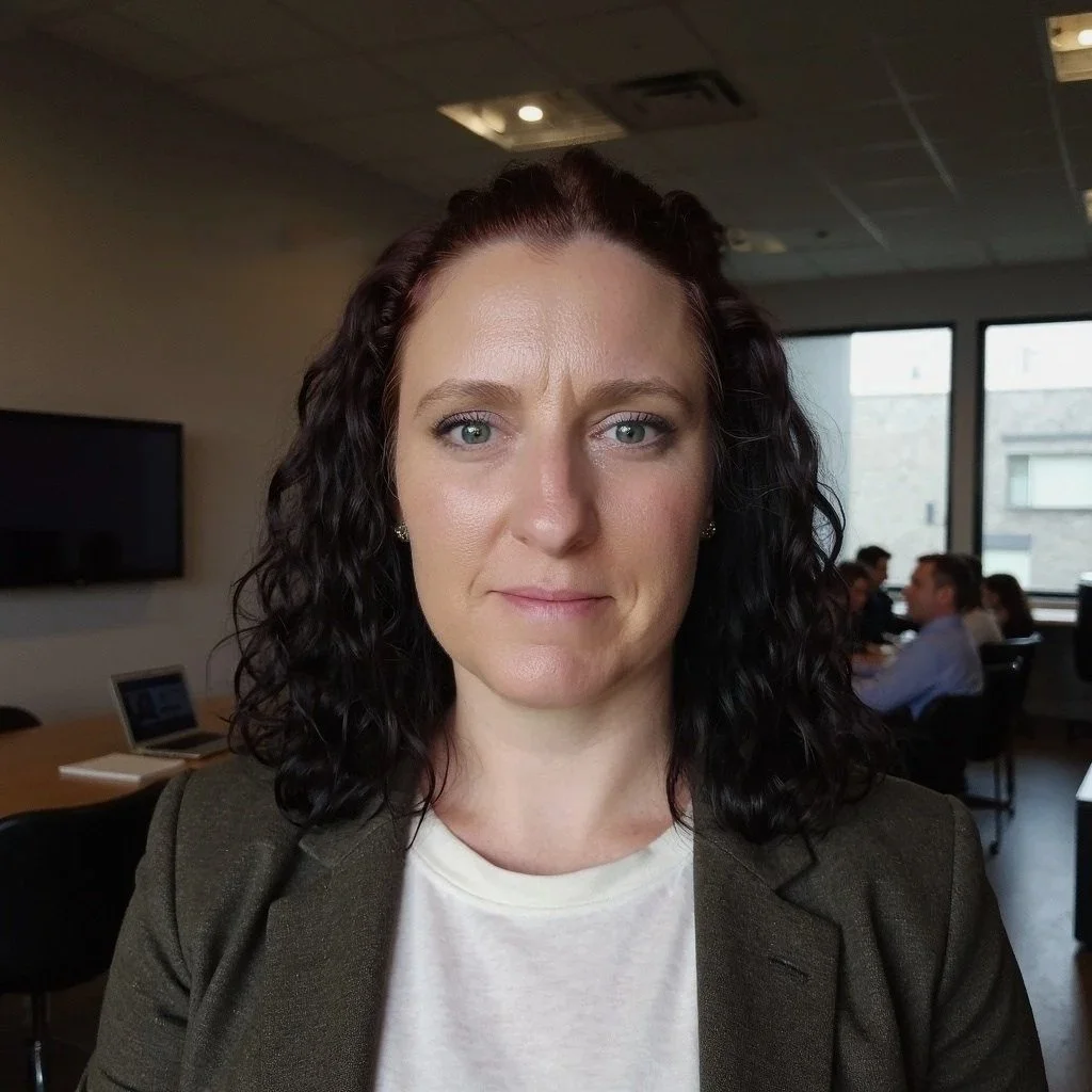 A woman with curly dark hair and blue eyes sitting in an office or conference room, wearing a tan blazer and white shirt, with people working at desks in the background.