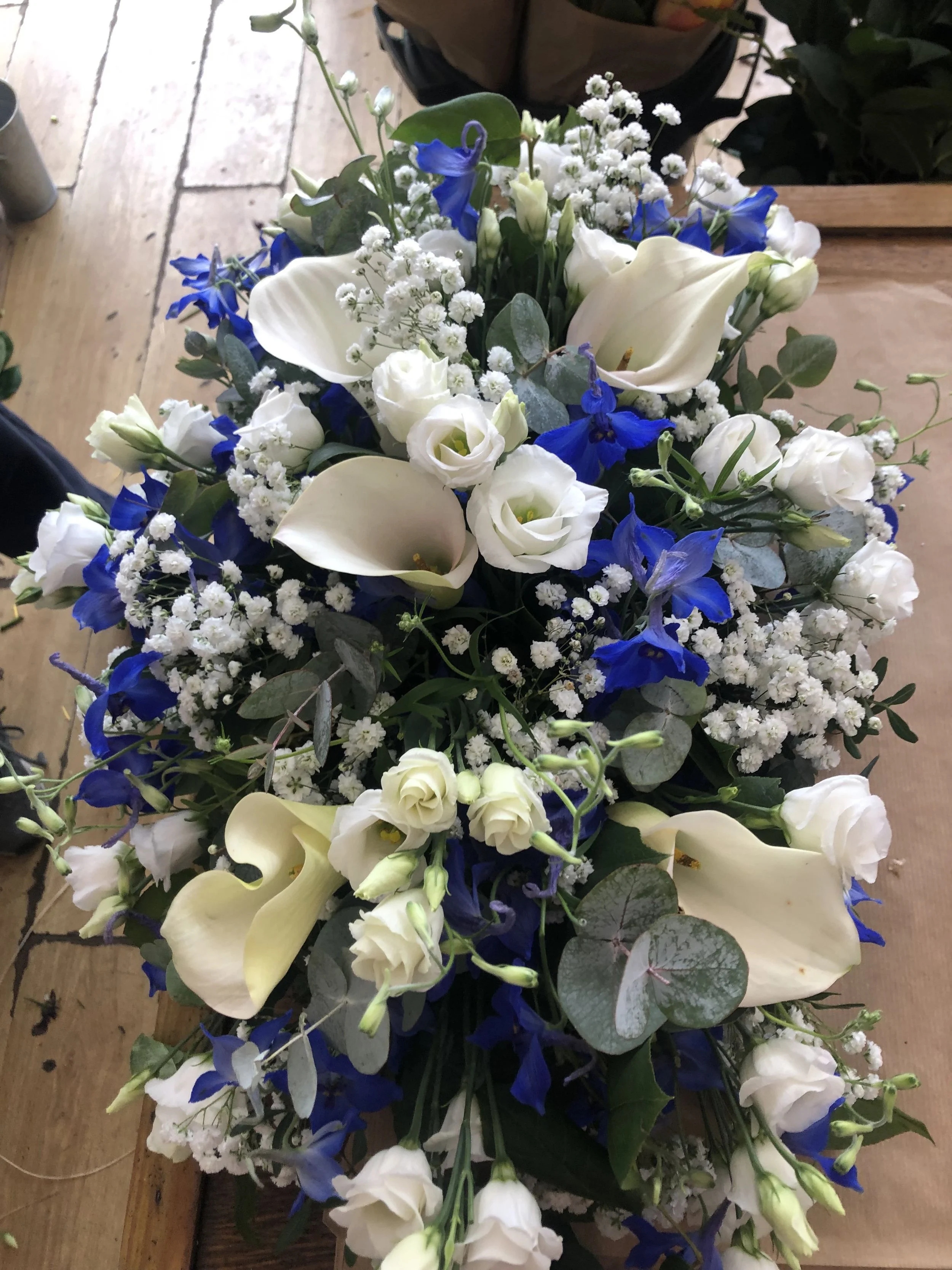 Callas & Delphinium Coffin Spray - 3ft